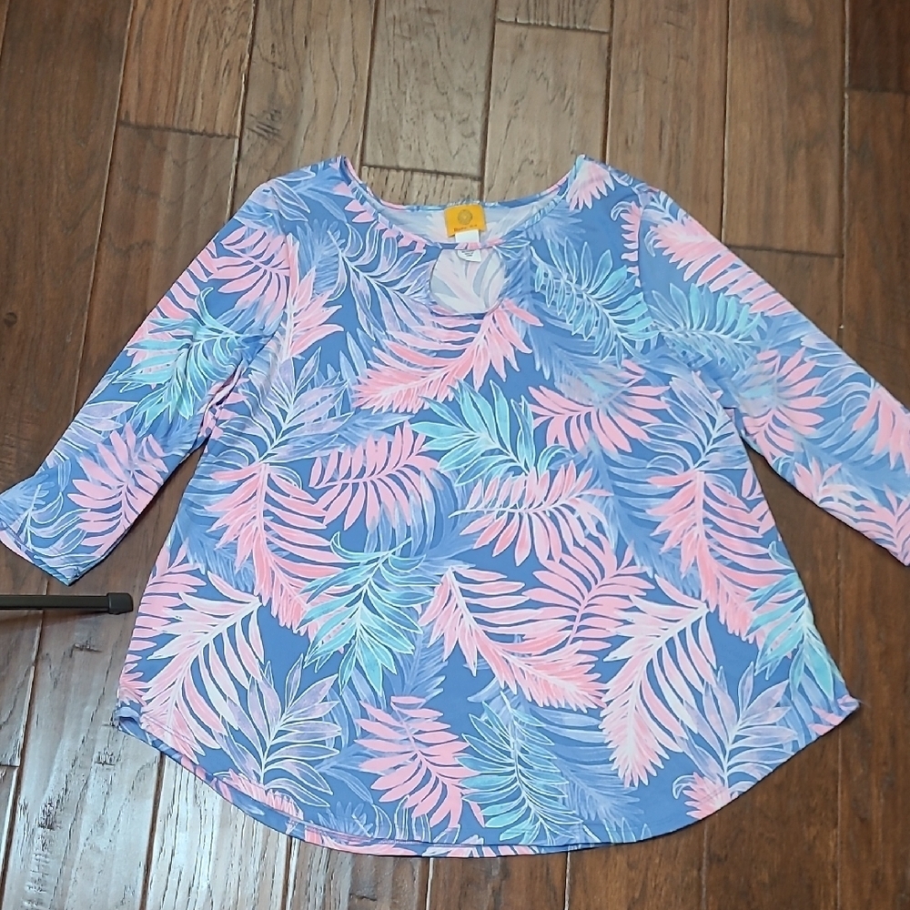 Ruby Rd Blue & Pink Tropical Leaf Print Blouse size Large